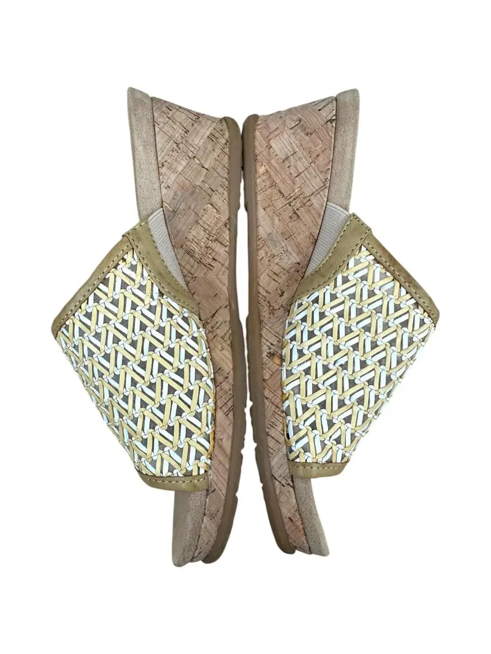 Baretraps Tan & White Woven Cork Wedge Slides